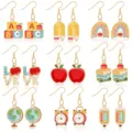 Creative school theme enamel dangle earrings set for women teachers cute teacher gifts - Back to School Globe Alarm Set (Style 18)