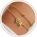 Gold layered initial bracelet with green heart zircon stone, cute sweet wrist chain jewelry. - August Heart Style A / Gold