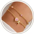 Gold Double Layer Initial A Bracelet with Pink Zircon Heart Charm for Women Cute Jewelry - October Heart Style A / Gold