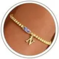 Gold bead initial bracelet with purple stone and letter N charm for daily variant. - Letter N / Purple Rhinestones