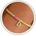 Gold beaded bracelet with pink birthstone and letter D initial charm for women and girls. - Letter D / Pink Rhinestone