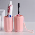 Pink portable travel toothbrush case and cup set for convenient outdoor storage - Solid Striped Style / Pink