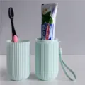 Portable mint green travel toothbrush case and cup set for business trips and outdoor camping - Solid Striped Style / Green