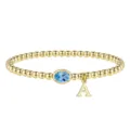 Bracciale di perline dorate con cristallo blu ovale e ciondolo con lettera A per donna. - Marzo-A