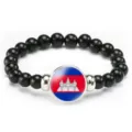 Black beaded stretch bracelet with Cambodia flag round charm fashion jewelry gift for daily wear - Cambodia Flag Style (Style 10) / Black
