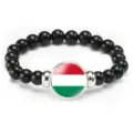 Black beaded bracelet with Hungary flag charm, elastic stretch rope jewelry for men and women - Hungary Flag Style (Style 18) / Black