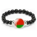 Black beaded bracelet with a round Belarus flag pendant, elastic cord jewelry gift for men women - Belarus Flag Style (Style 24) / Black