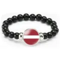 Black beaded bracelet featuring Latvia national flag charm and elastic cord for daily wear. - Latvia Flag Style (Style 26) / Black
