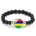 Black beaded stretch bracelet with round Mauritius flag pendant fashion jewelry gift - Mauritius Flag Style (Style 27) / Black