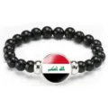 Fashionable black beaded bracelet with Iraq flag charm, elastic stretch design for men and women. - Iraq Flag Style (Style 40) / Black