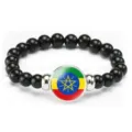 Ethiopian flag beaded stretch bracelet with black beads and metal charms for men and women. - Ethiopia Flag Style (Style 43) / Black