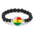 Fashionable Bolivia flag beaded stretch bracelet with black beads and metal spacers for daily wear. - Bolivia Flag Style (Style 56) / Black