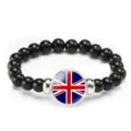 British flag beaded bracelet with black stone beads and metal pendant for men and women. - UK Flag Style (Style 57) / Black