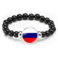 Black beaded elastic bracelet featuring a round Russian flag metal pendant fashion jewelry gift. - Russia Flag Style (Style 60) / Black
