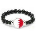 Fashion black beaded bracelet with Bahrain flag round charm, creative national style jewelry gift. - Bahrain Flag Style (Style 62) / Black