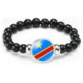 Black beaded bracelet featuring a round Democratic Republic of the Congo flag glass charm. - DR Congo Flag Style (Style 65) / Black