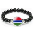 Black beaded stretch bracelet featuring a round Gambia national flag charm for daily wear. - Gambia Flag Style (Style 69) / Black