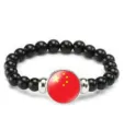 Black beaded bracelet with Chinese flag glass dome charm elastic stretch wrist jewelry gift - China Flag Style (Style 70) / Black