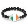 Irish flag beaded bracelet with elastic rope, fashionable black beads and round metal pendant. - Ireland Flag Style (Style 72) / Black