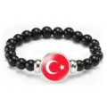 Black beaded stretch bracelet with a round Turkish flag pendant, ideal fashion gift. - Turkey Flag Style (Style 75) / Black