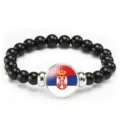 Black beaded stretch bracelet with round Serbia national flag glass cabochon charm for daily wear. - Serbia Flag Style (Style 84) / Black