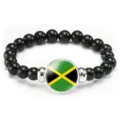 Fashion black beaded bracelet with Jamaica flag charm, elastic cord jewelry gift for men women - Jamaica Flag Style (Style 88) / Black