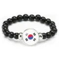 Black beaded bracelet with South Korea flag center charm elastic unisex fashion jewelry gift - South Korea Flag Style (Style 90) / Black