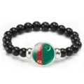 Black beaded bracelet with national flag pendant, elastic stretch design fashion jewelry. - Turkmenistan Flag Style (Style 95) / Black