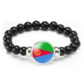 Black beaded elastic bracelet featuring Eritrea national flag glass pendant for daily wear. - Eritrea Flag Style (Style 100) / Black