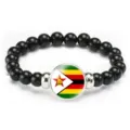Fashion black beaded bracelet with Zimbabwe flag pendant, elastic cord gift for men and women. - Zimbabwe Flag Style (Style 121) / Black