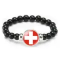 Black beaded stretch bracelet with red and white cross charm, fashion gift for men and women. - Switzerland Flag Style (Style 137) / Black