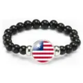 Fashionable black beaded elastic bracelet with a round national flag glass charm for daily wear - National Flag Style (Style 144) / Black