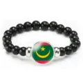 Fashionable black beaded bracelet with Mauritania national flag glass pendant for daily wear. - Mauritania Flag Style (Style 146) / Black
