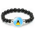Fashion beaded stretch bracelet with Saint Lucia flag dome charm for unisex daily wear. - Saint Lucia Flag Style (Style 147) / Black