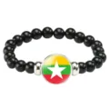 Stylish black beaded bracelet with Myanmar flag glass charm, elastic daily jewelry gift. - Myanmar Flag Style (Style 155) / Black