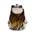 Detailed view of canvas backpack with tiger stripe print, white flap and brown straps. - Orange and Black Tiger Print (sj2692)