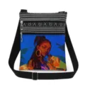 Detailed view of black girl print crossbody bag, double zipper pockets and adjustable strap - Blue Background Art Illustration Style (xkk1425)