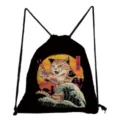 Close-up detail of the Japanese samurai cat print on the black drawstring backpack fabric. - Giant Wave Samurai Cat Eating Sushi Style(sk3664) / Black