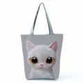 Sac cabas en toile avec imprimé chat blanc mignon, sac à main gris décontracté pour femme. - Imprimé Chat Blanc Gros Yeux (hl6172)