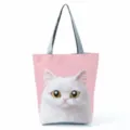 Détail du sac cabas imprimé chat mignon avec un fond rose et un joli visage de chaton blanc. - Imprimé Chat Blanc Gros Yeux Fond Rose (hl6173)