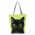 Sac cabas en toile avec motif chat noir mignon, sac à main minimaliste portable pour femmes. - Imprimé Chat Noir Gros Yeux Fond Vert (hl6179)