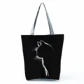 Sac cabas mignon imprimé chat avec anses grises, sac à main tendance et pratique pour femme. - Imprimé Silhouette Chat Blanc Fond Noir (hl6180)