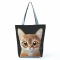 Sac cabas en toile avec imprimé chat mignon, sac à épaule décontracté pour femme. - Imprimé Gros Plan Chat Roux Fond Noir (hl6191)