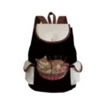 Black canvas backpack featuring a cute ramen cat print with beige pockets and brown straps. - Ramen Cat Style (sj3661)