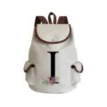 Canvas backpack detail showing watercolor floral letter print and brown leather trim features. - Letter I Print Style (sj2466)