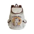 Detailed view of canvas backpack showing cute cat print graphic and brown leather trim. - Cute Feline Style (sj3893)
