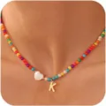 Collana con perline colorate lettera K stile boho ciondolo cuore conchiglia regalo donna - Lettera K / Lettera Svuotata Cuore in Conchiglia / Oro