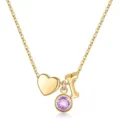 Collier plaqué or avec cœur, lettre I et pendentif pierre de naissance violette femme. - Lettre R / Pierre de Naissance de Février / Or