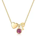 Collier chaîne délicat plaqué or avec cœur, pierre de naissance rose et pendentif lettre P. - Lettre P / Pierre de Naissance d'Octobre / Or