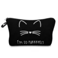 Black canvas cosmetic pouch detail, cute cat face print with zipper and side loop. - Style 304-3